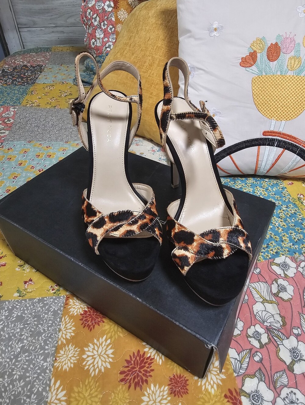 Pelle Moda Leopard Print and Black Suede Ankle-Strap Heels
